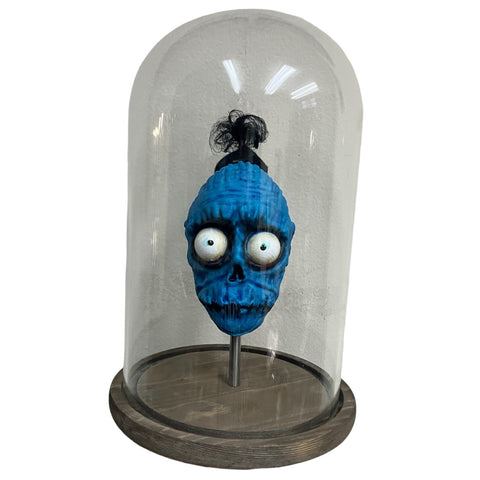 Blue Bob Shrunken Head with Hair in Bell Jar