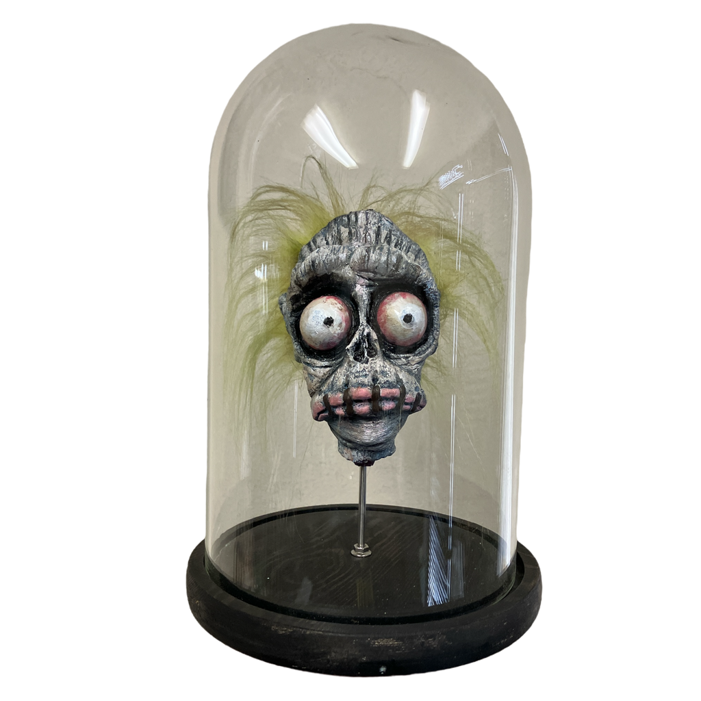 Bob Shrunken Head with Hair in Bell Jar